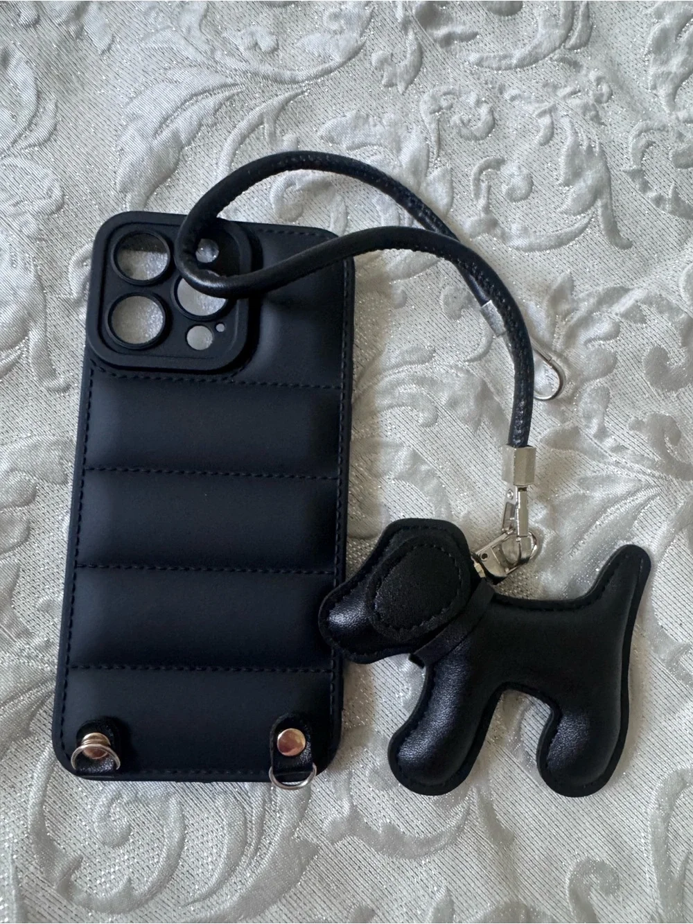 Black Puffed IPhone 15 Pro Max Case with Dog Charm & Wrist Strap